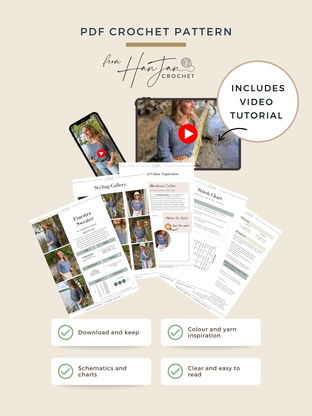 PDF crochet pattern promotional image featuring a summer sweater crochet pattern displayed on printed pages, a phone, and a tablet with project photos, video tutorial access, plus feature icons highlighting key benefits.
