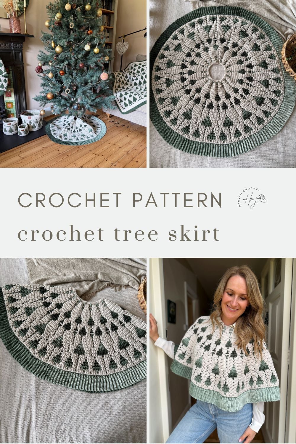 Collage featuring a crochet tree skirt in green and white under a Christmas tree, laid flat, draped on a sofa, and worn as a capelet by a woman. Text reads "Crochet Pattern crochet tree skirt pattern.