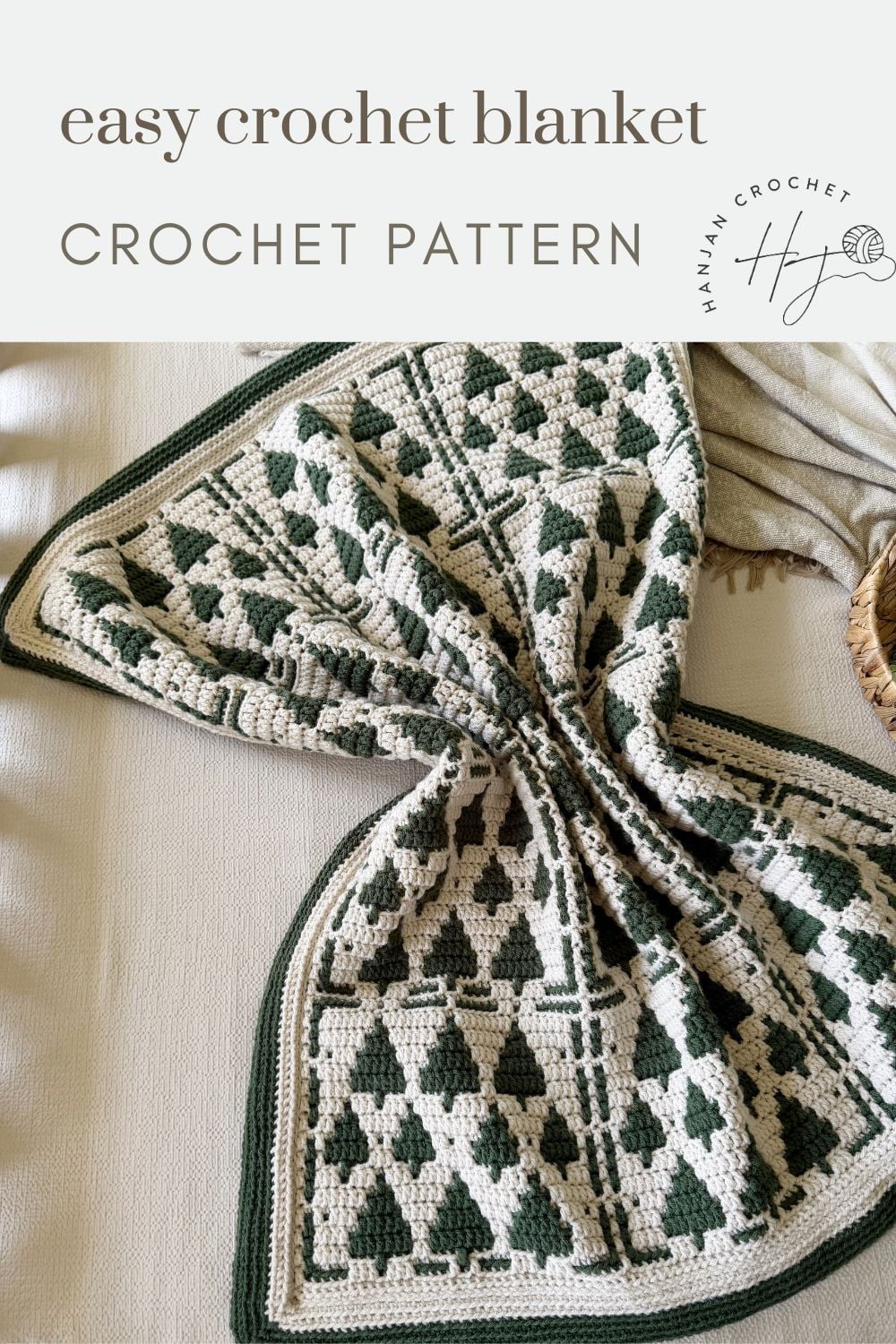 A green and white crochet blanket with a geometric pattern is spread out on a beige surface. Text above reads "easy Christmas crochet afghan CROCHET PATTERN.