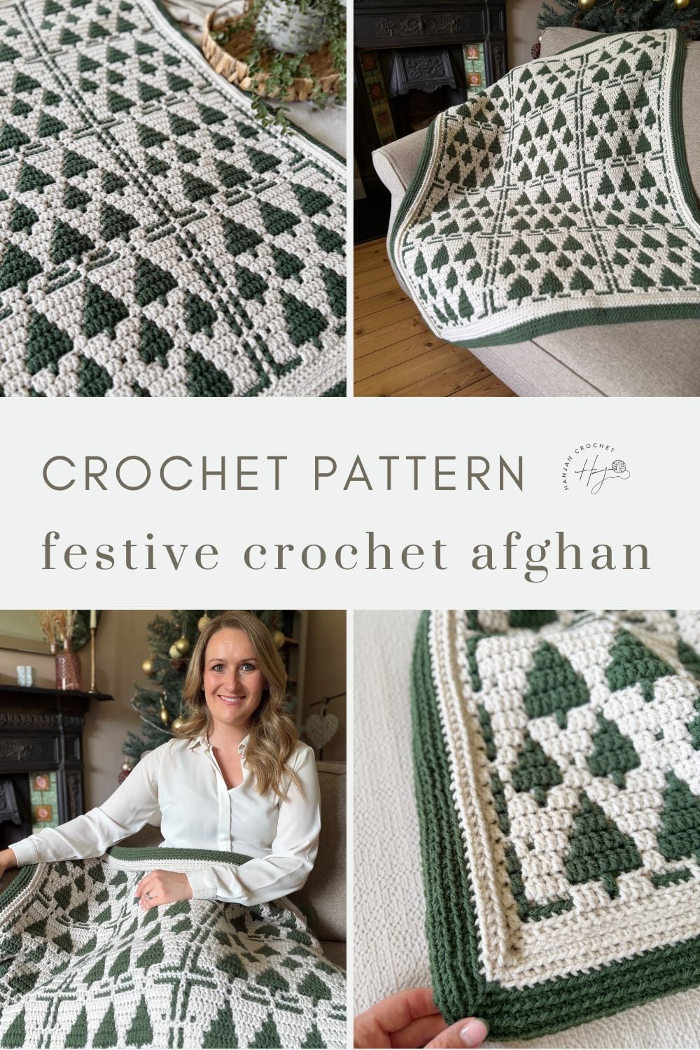 Collage showing a green and white Christmas crochet afghan with geometric patterns, draped over a couch and held by a seated woman, accompanied by the text “festive crochet afghan.”.