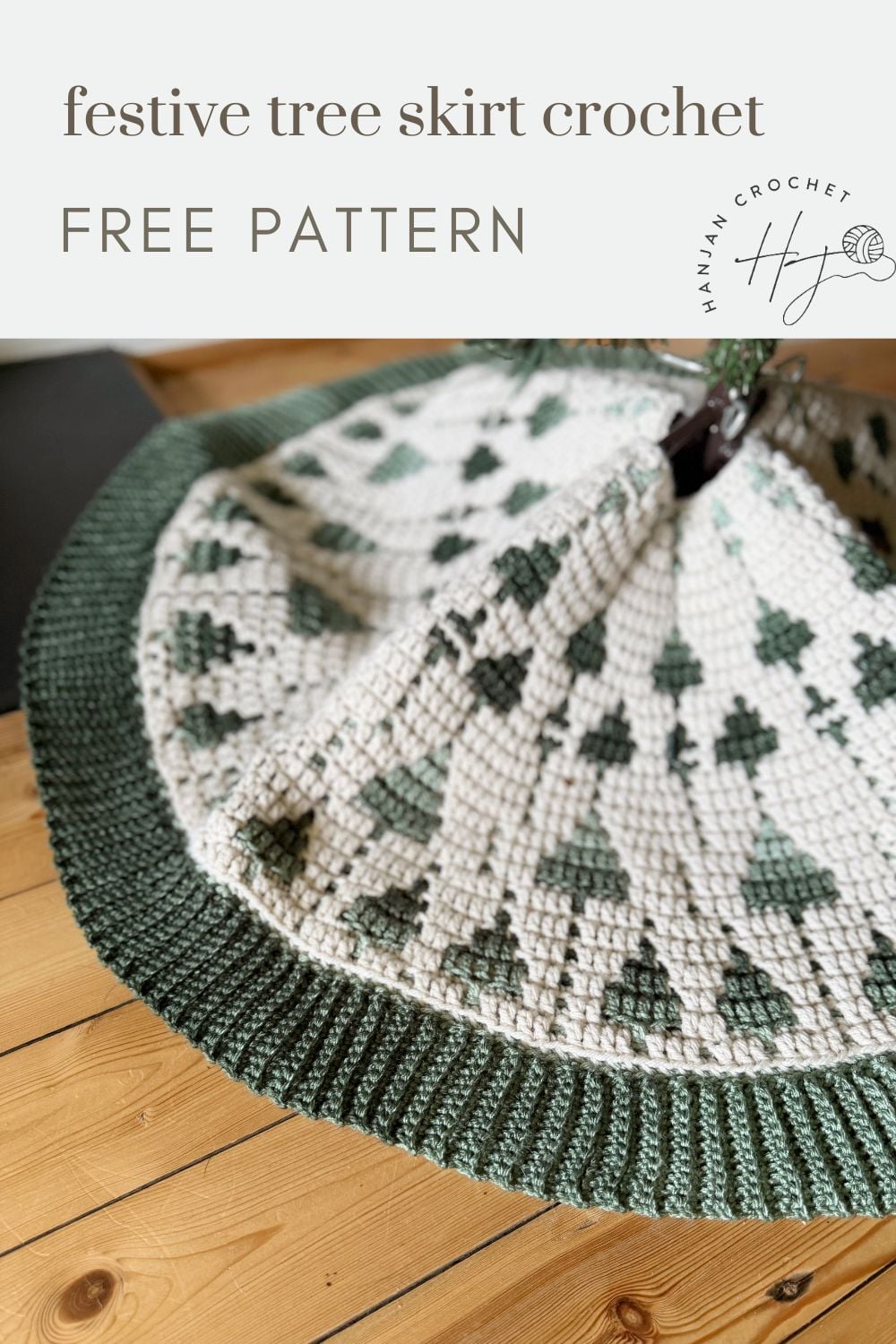 A crocheted tree skirt with a green and white pattern is displayed on a wooden floor. Text reads "festive crochet tree skirt pattern free.