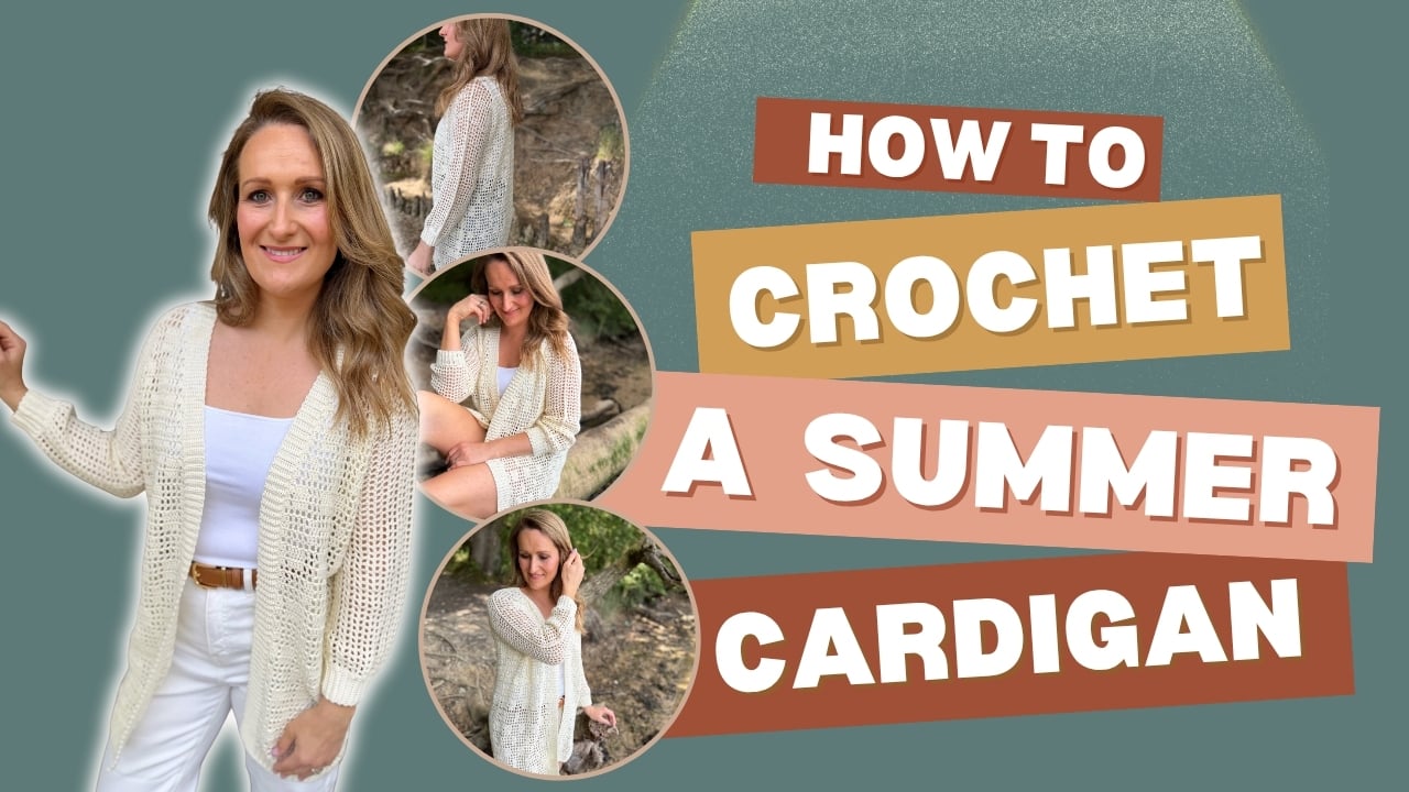 A woman models a crocheted white summer cardigan; text reads "How to Crochet a Summer Cardigan" with three smaller images showing different views and details of this stylish summer cardigan crochet pattern.