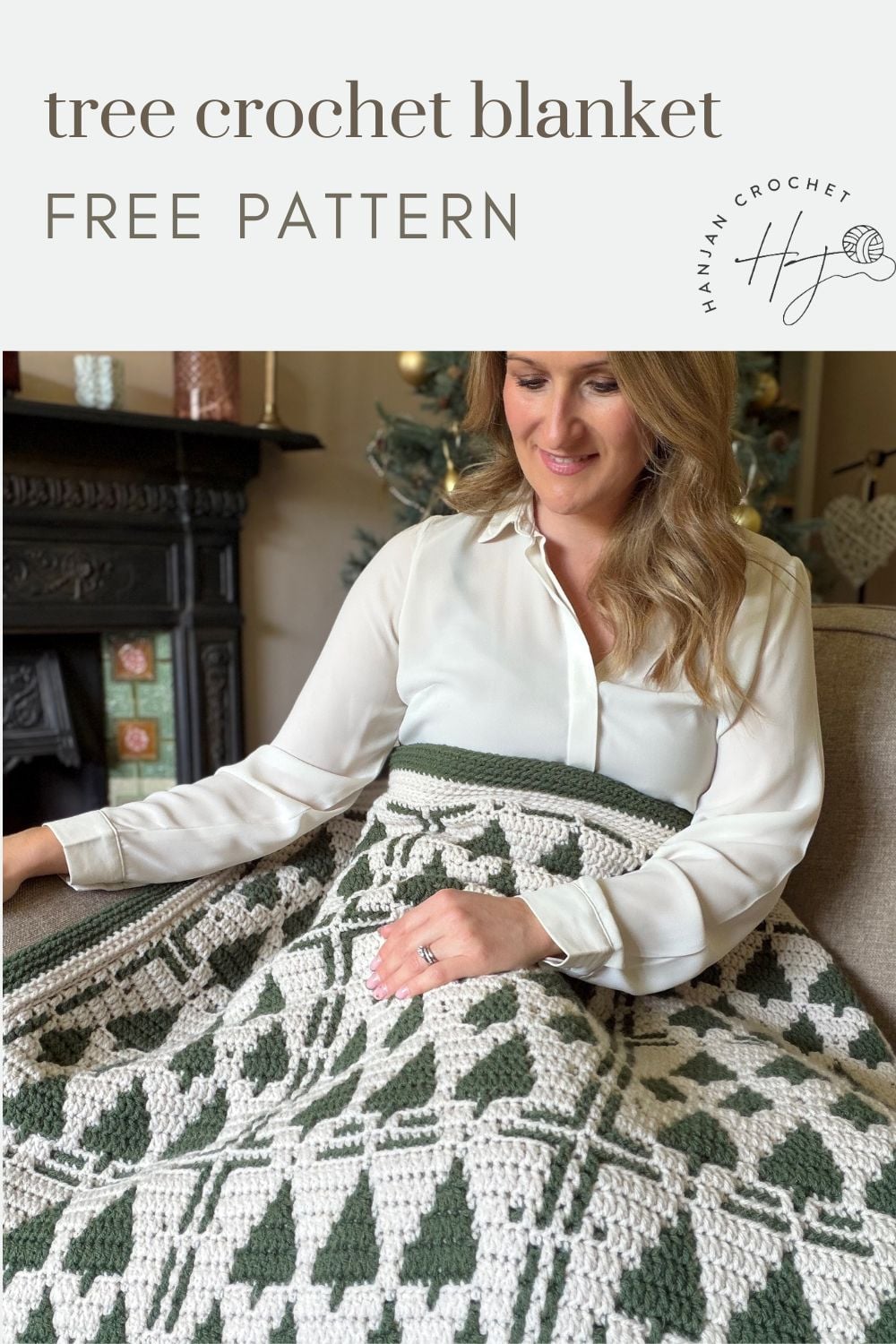 A woman sits on a couch with a green and white crochet blanket featuring a tree pattern, perfect as a Christmas crochet afghan, draped over her lap; text reads "tree crochet blanket FREE PATTERN.