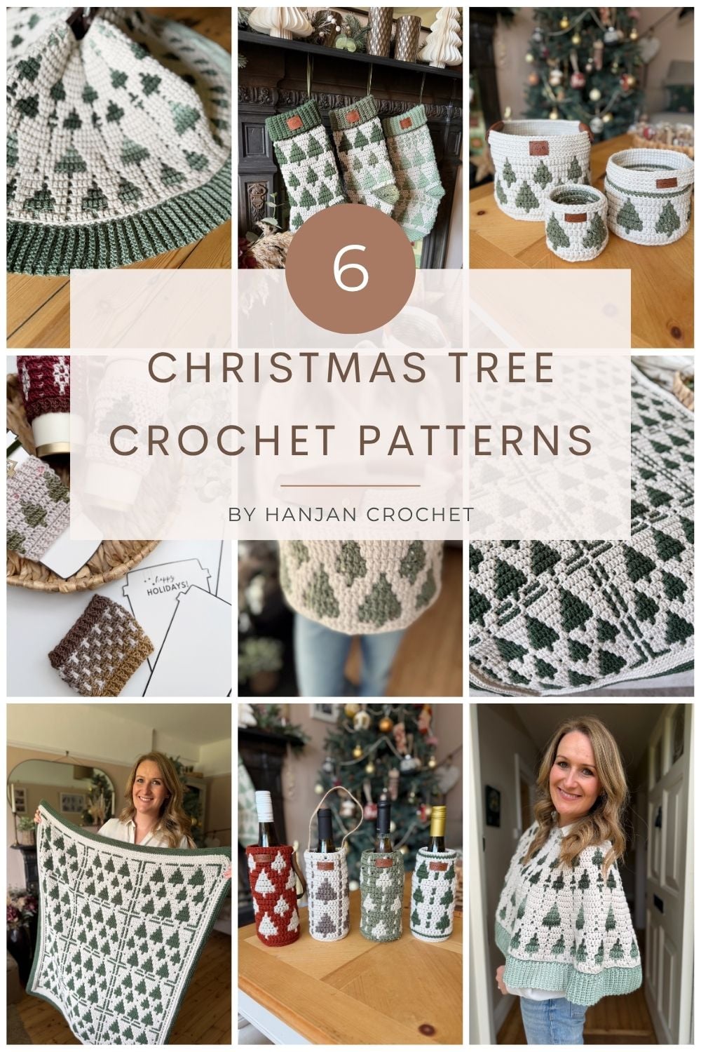 A collage showcases various Christmas tree-themed crochet items, including blankets, baskets, wine cozies, and capes, with a central label reading "6 Christmas Tree Crochet Patterns.