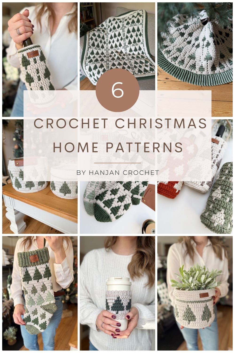 A collage displays six crochet Christmas home decor items, including stockings, baskets, cup cozies, a tree skirt, and a pot holder, all in green, white, and neutral tones.