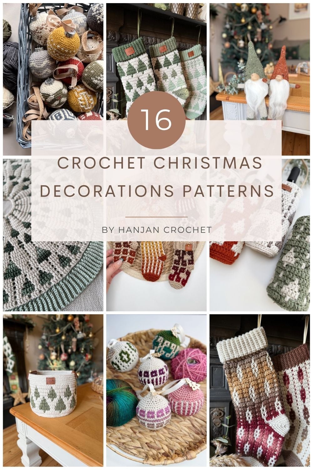 Collage of Christmas crochet decorations including stockings, ornaments, baskets, and gnome figures in festive colors with a central text overlay about crochet patterns.