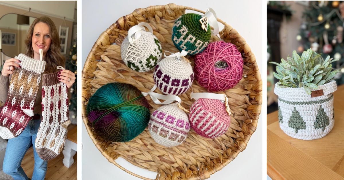 A woman holds crochet stockings, a basket of Christmas crochet decorations with yarn balls, and a crocheted plant pot cover with a tree design, with a Christmas tree in the background.
