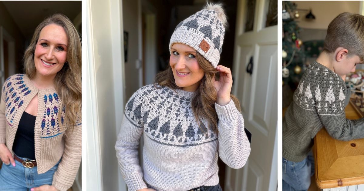 Three people wear crochet garments with colorful or patterned yokes; one wears a cardigan, another a sweater and hat, and the third, a child, wears a sweater while drawing—offering cozy inspiration for your own Christmas crochet ideas.