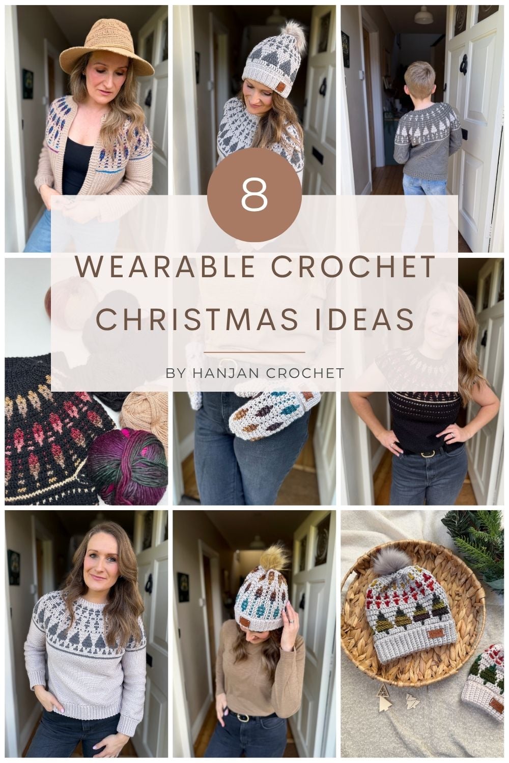 A collage of people wearing various crocheted sweaters and hats, plus yarn and a hat in a basket, labeled “8 Wearable Crochet Christmas Ideas” by Hanjan Crochet—perfect for anyone searching for festive Christmas crochet ideas to inspire their holiday wardrobe.