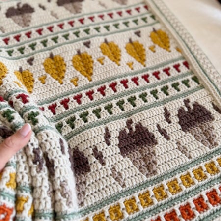 A hand holds a crocheted blanket featuring rows of geometric and nature-inspired patterns in earthy tones, including leaves and bear paw motifs.
