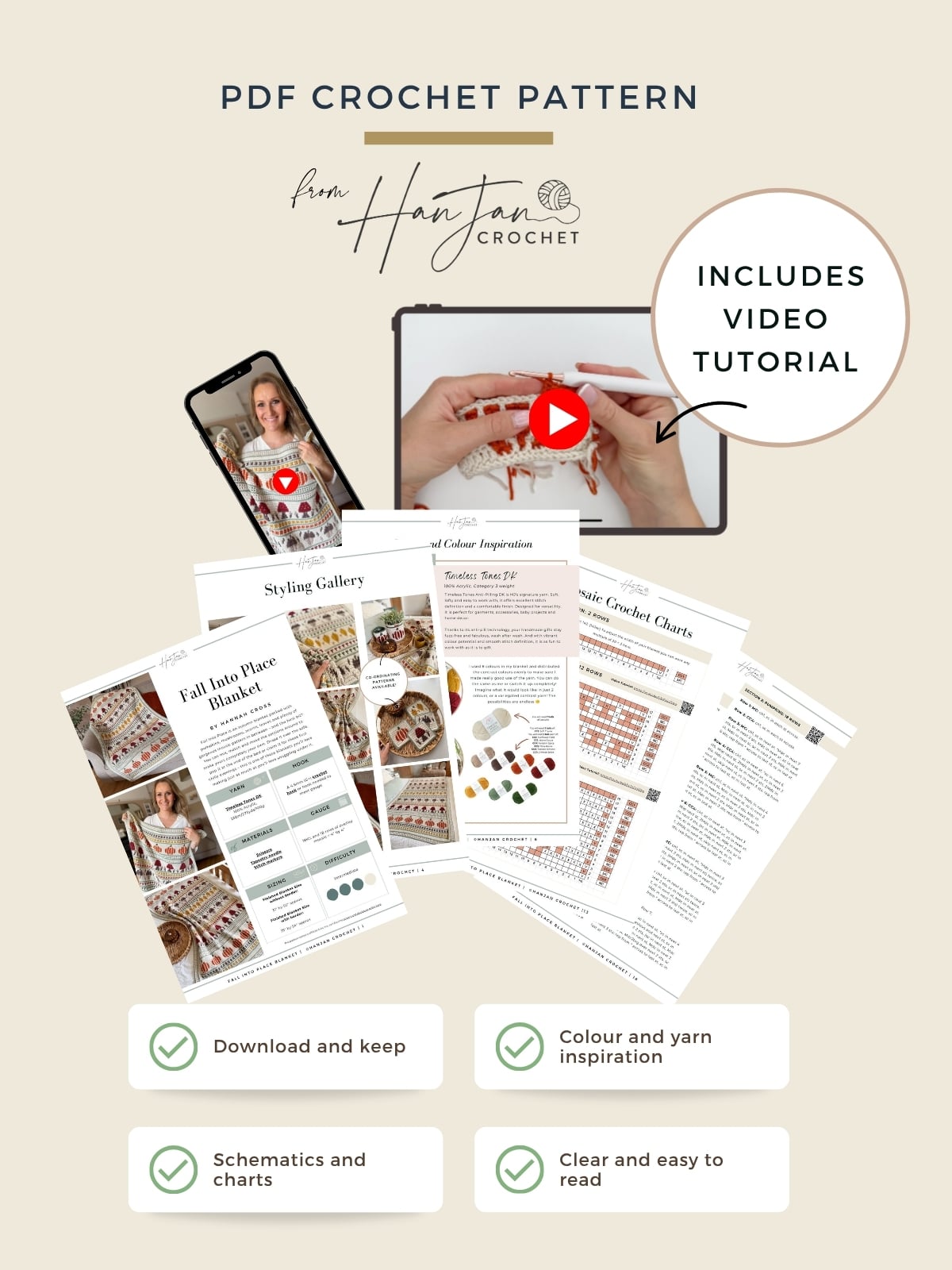 PDF crochet pattern promotional image features printed pattern pages, a phone showing a video tutorial, and four icons highlighting features: downloadable, color inspiration, schematics, and clarity.