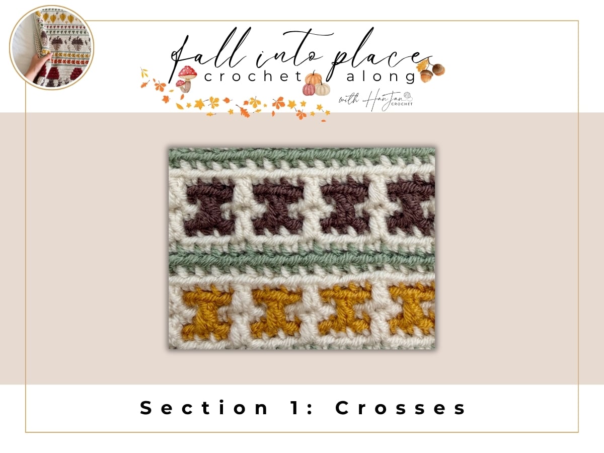 A crocheted swatch with rows of cross patterns in brown, white, green, and yellow yarns on a white background. Text reads “Section 1: Crosses.”.