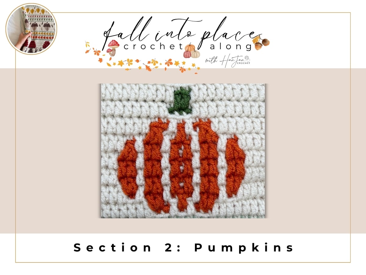 A crocheted square featuring an orange pumpkin with a green stem on a white background, labeled “Section 2: Pumpkins” as part of a fall crochet project.