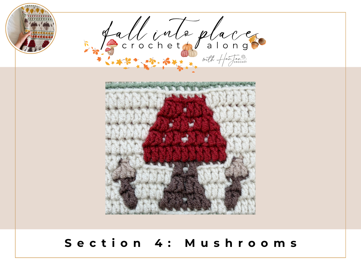 A crocheted square with a red and brown mushroom design, labeled “Section 4: Mushrooms,” from a fall-themed crochet along event, makes a charming addition to any crochet autumn blanket pattern.