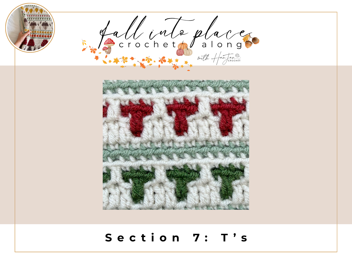 Close-up of crocheted fabric with rows of red and green T-shaped patterns on a white background, labeled as Section 7: T’s from a crochet autumn blanket pattern crochet along project.
