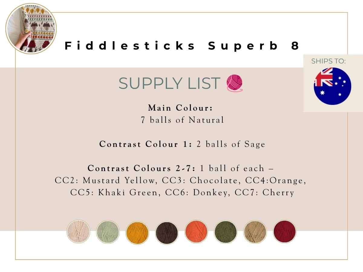 Yarn supply list for “Fiddlesticks Superb 8” pattern with ball counts and color names; includes a small Australian flag labeled “Ships to.”.
