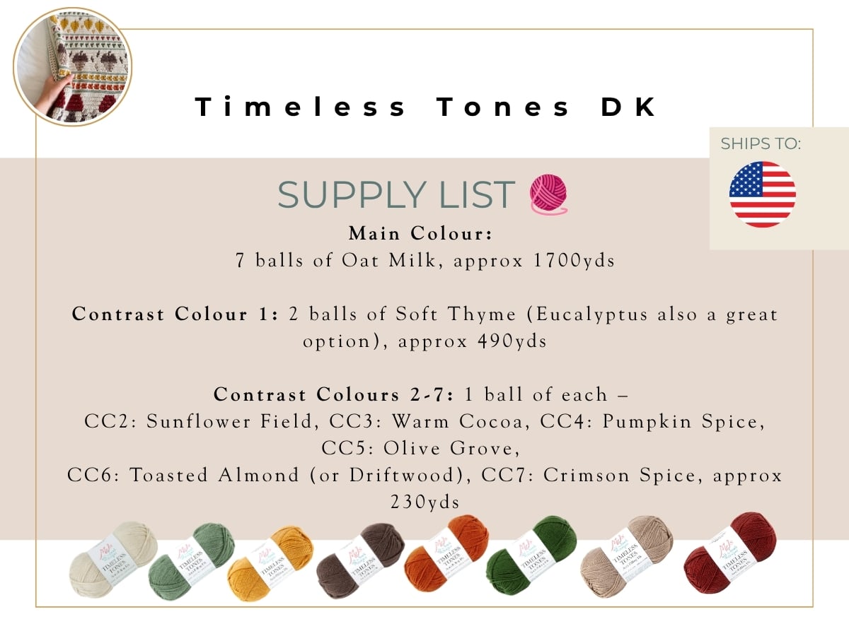 Yarn supply list with color names, required ball quantities, approximate yardages, and sample skeins displayed at the bottom; US shipping indicated.