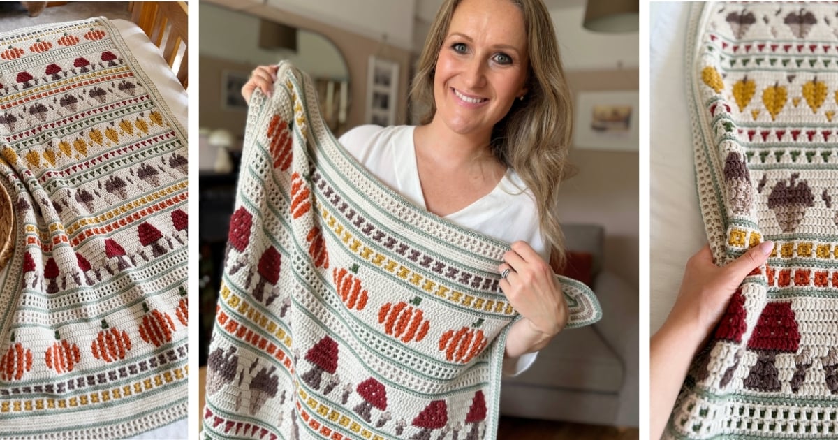 A person holds a crocheted blanket decorated with rows of colorful geometric tree and leaf shapes in autumn colors. Close-up shots show the blanket’s detailed patterns and texture.