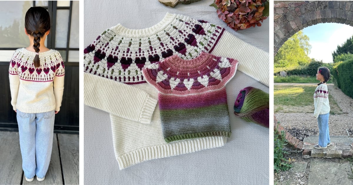 A girl wearing a white crochet sweater with purple and green heart patterns; next to it, a matching adult and child sweater are shown with yarn; outside, the girl wears the same sweater.