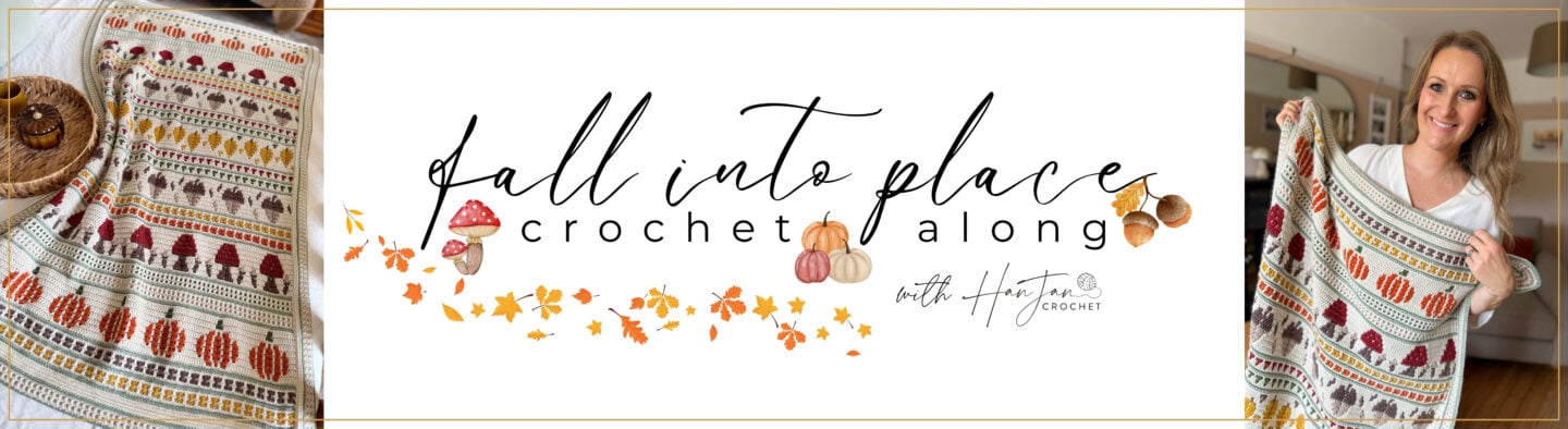 Banner with fall-themed crochet blanket details, text reading “Fall into Place Crochet Along,” autumn leaves, pumpkins, and a woman holding a finished crochet blanket.