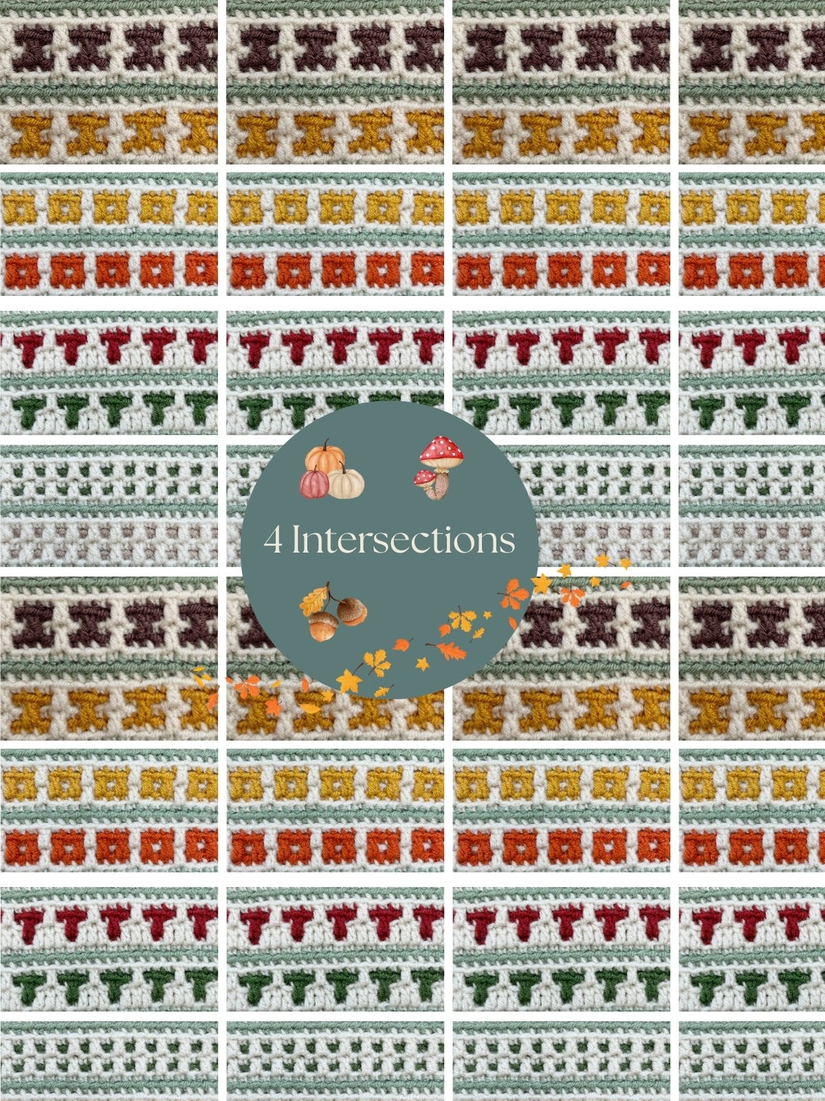 A crochet blanket with rows of fall-colored patterns is divided by white grid lines. A green circle in the center reads “4 Intersections” and is decorated with autumn-themed illustrations.