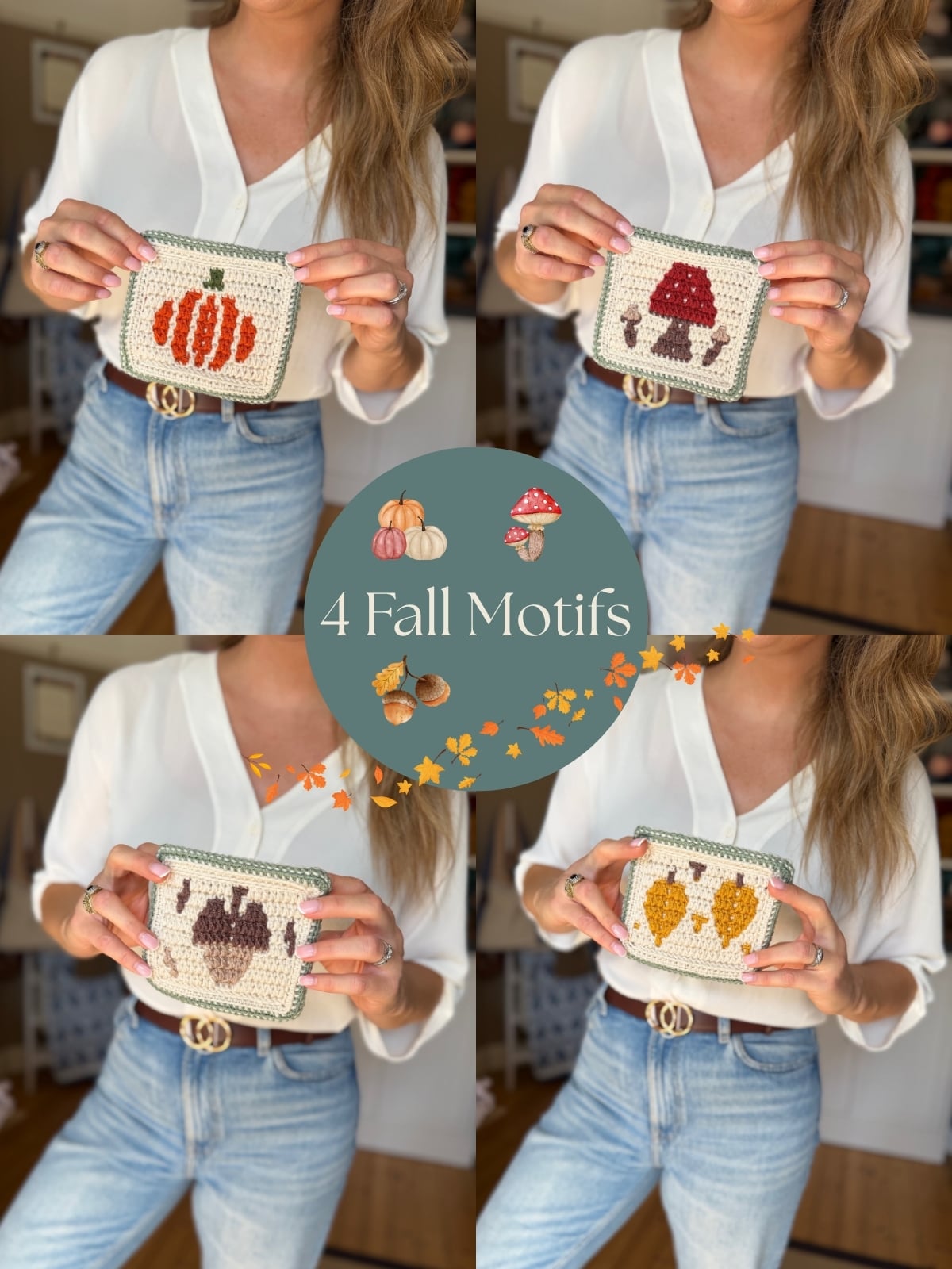 A woman in a white blouse and jeans holds four different cross-stitched pouches with fall designs: pumpkin, mushroom, squirrel, and acorns. Text reads “4 Fall Motifs.”.
