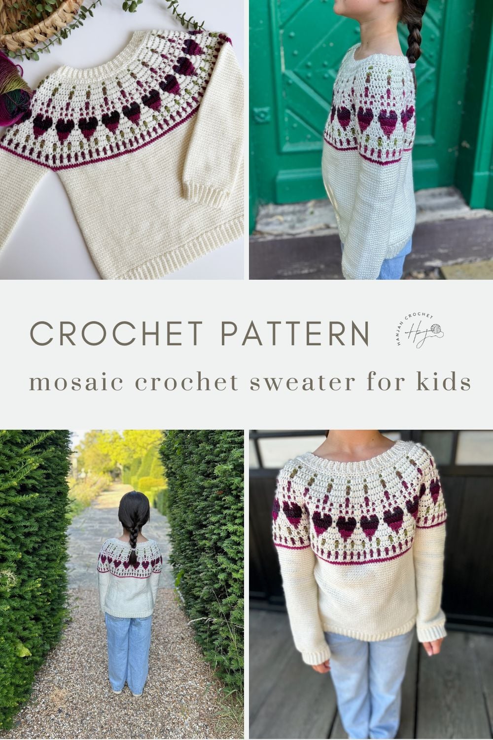 Four images show a children’s sweater with a mosaic crochet pattern in cream, burgundy, and dark green, displayed flat and worn by a child from various angles. Text reads: “Mosaic crochet sweater for kids.”.