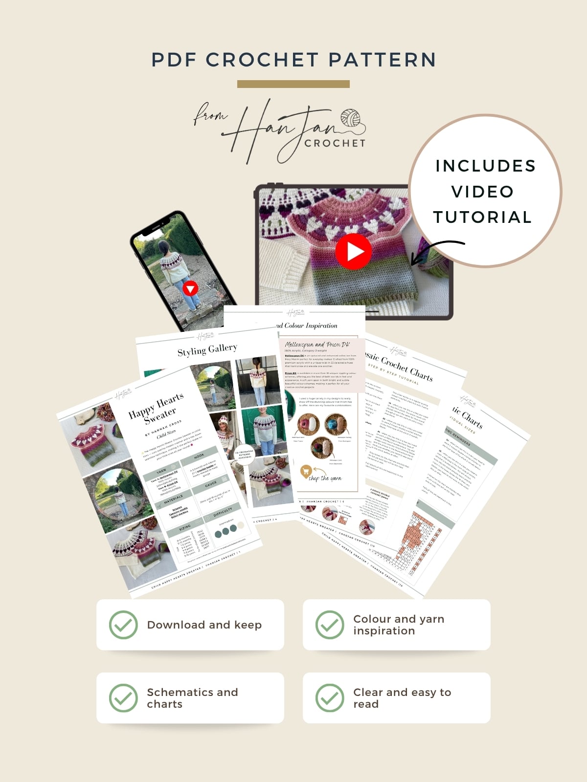 PDF crochet pattern set displayed with photos, charts, and a phone showing a crochet project video. Text highlights downloadable content, baby crochet sweater pattern video tutorial, color and yarn inspiration, and clear instructions.