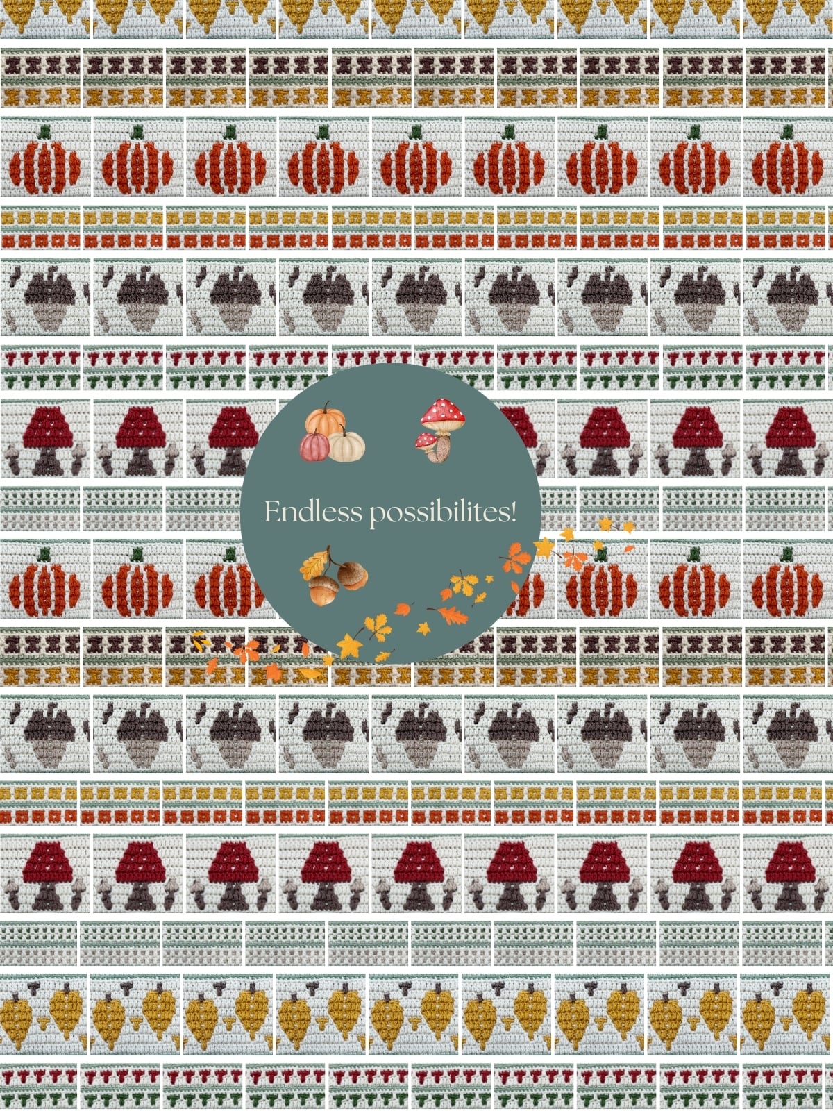 A knitted pattern with rows of pumpkins, mushrooms, and acorns, overlaid with a green circle saying “Endless possibilities!” and decorated with autumn-themed illustrations.
