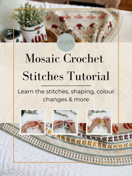 A crochet blanket with geometric patterns and vibrant mosaic crochet stitches, plants in patterned pots, and three small photos of hands arranging crochet pieces, overlaid with text about a mosaic crochet stitches tutorial.