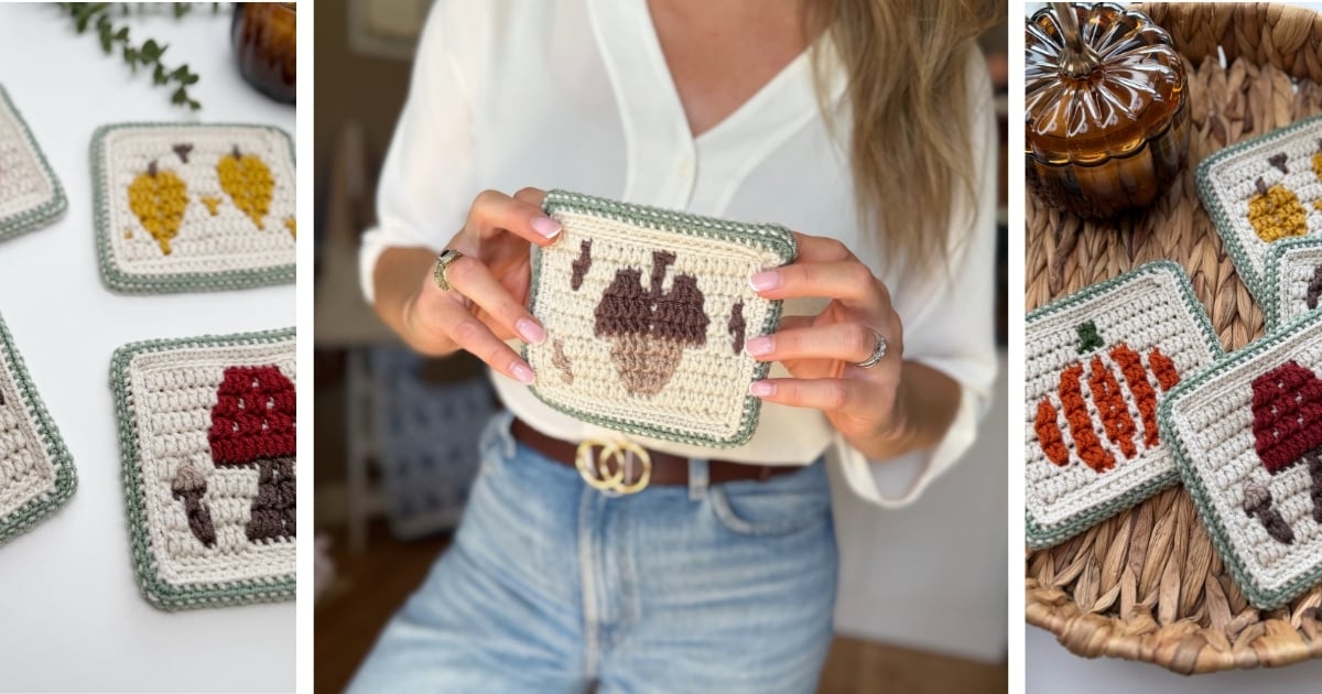 Crocheted coasters with acorn crochet pattern designs are displayed individually, held by a person, and arranged in a basket.