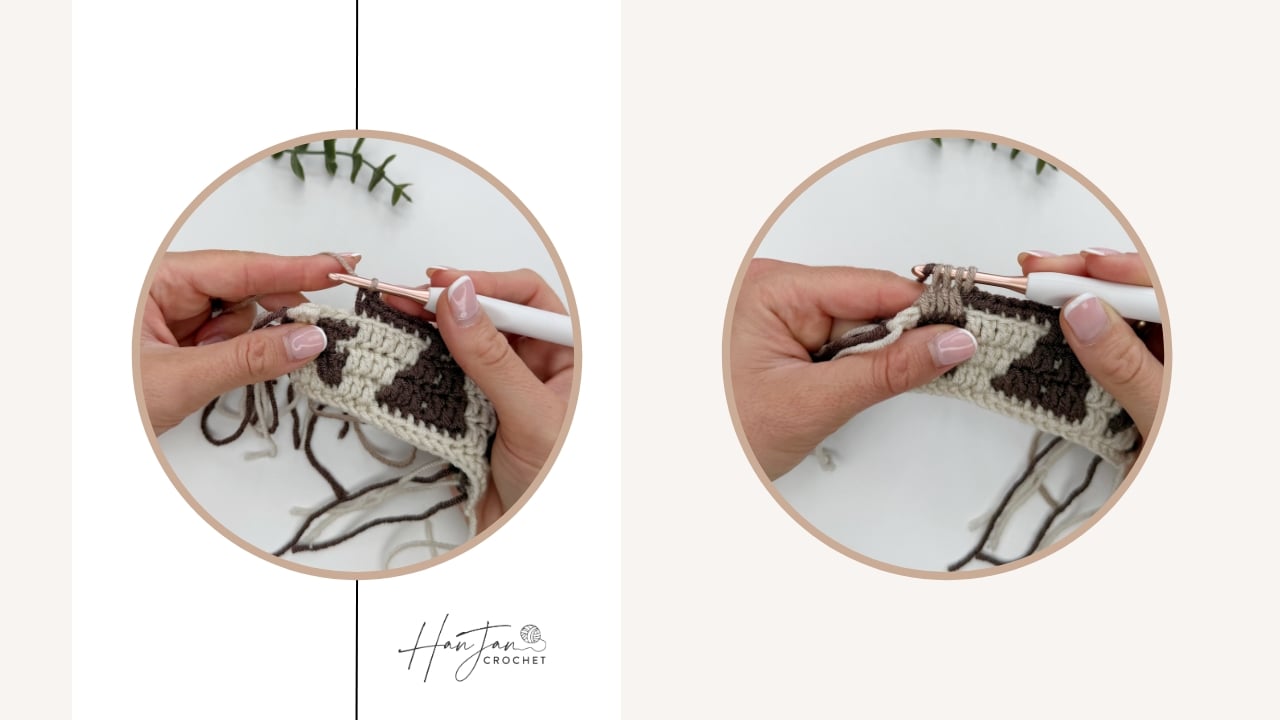 Two images show hands crocheting with beige and brown yarn using a white crochet hook, with loose yarn ends visible, on a white surface.
