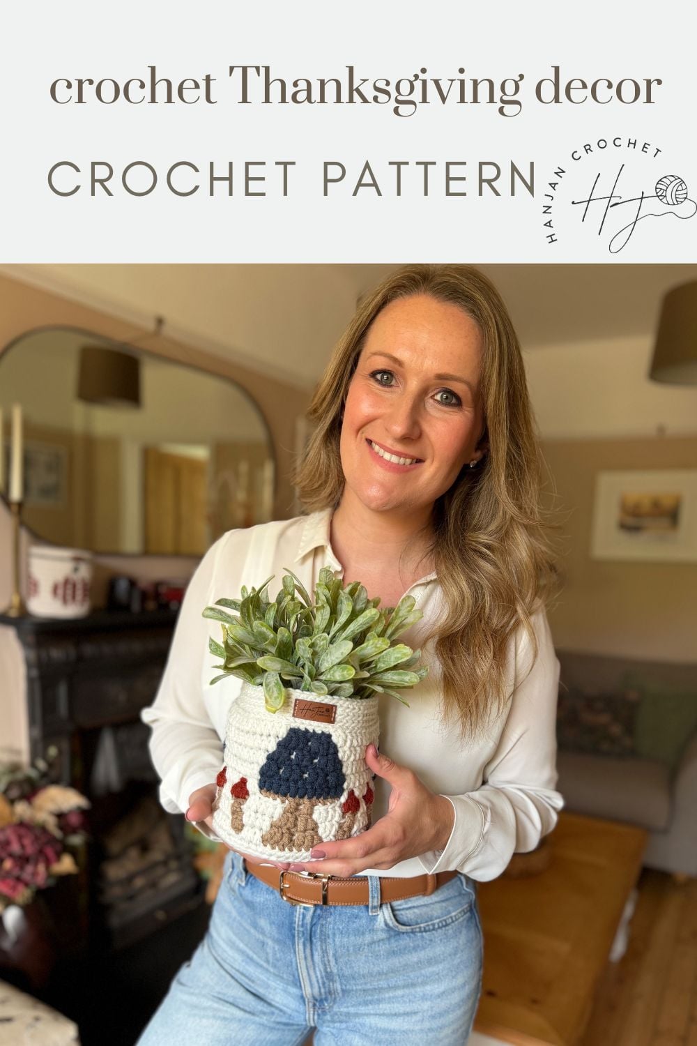 Woman holding a crocheted plant pot cover with Thanksgiving-themed design; text above reads “crochet Thanksgiving decor CROCHET PATTERN.” Perfect as a festive crochet storage basket pattern for your holiday decorating.