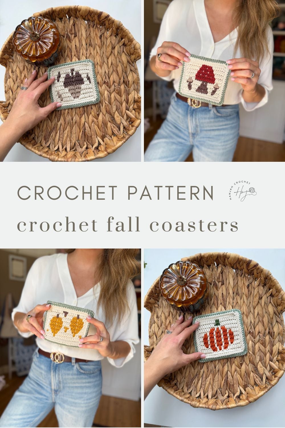 Four crochet coasters with autumn designs—acorn, mushroom, leaves, and pumpkin—are displayed on a woven mat and held by a person in a white shirt and blue jeans.