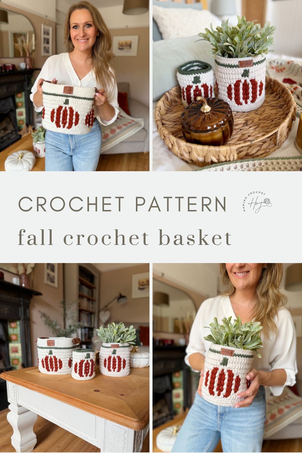 Collage showing a woman holding and displaying white crochet pumpkin baskets with orange pumpkin patterns, used as planters and decor in a cozy living room setting.