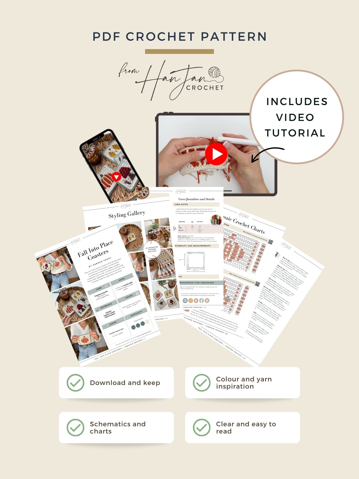 PDF crochet pattern bundle with instructions, charts, and color inspiration, shown with a phone and video tutorial, and highlighted feature icons for download, clarity, and charts.