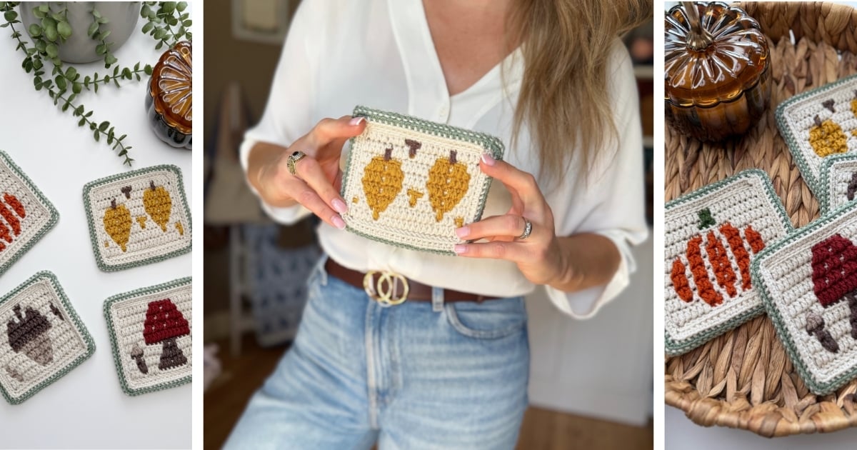 Three images show crocheted coasters and a pouch with fall-themed designs, including pumpkins, leaves, and mushrooms. A person in white top and jeans is holding the pouch in the center image.