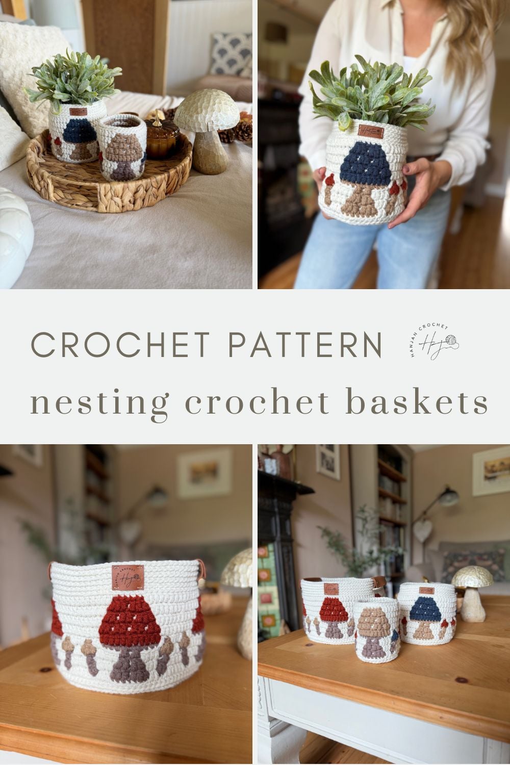 Collage of crochet nesting baskets in various sizes and colors, displayed on tables and shelves, with plants and decor items inside or nearby. Text reads: “Crochet Pattern nesting crochet baskets.” Perfect for organizing your space, this crochet storage basket pattern brings both function and style to your home décor.