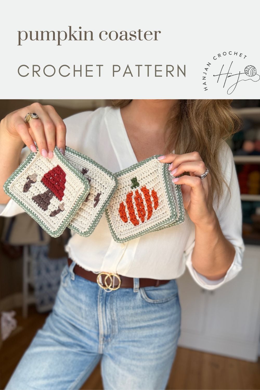 A person holds up crocheted coasters, one with a pumpkin design and one with a Santa Claus design. Text above reads, “pumpkin coaster CROCHET PATTERN.”.