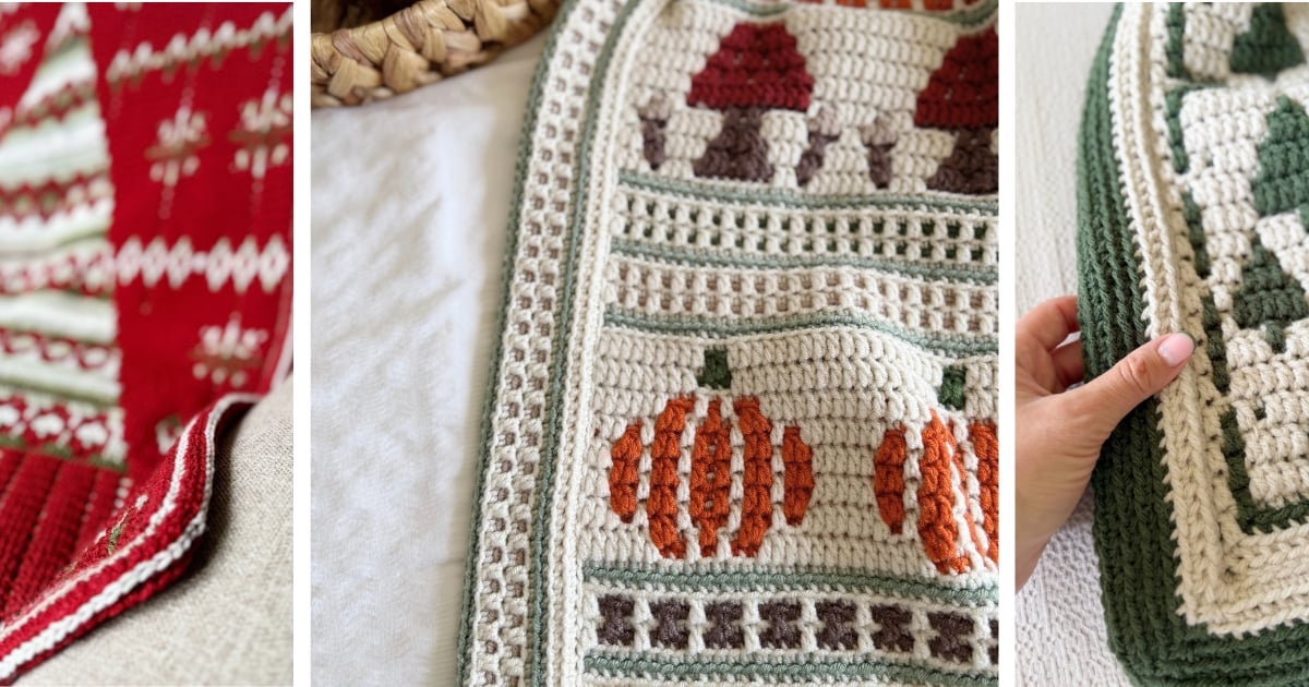 Three close-up views of crochet blankets with seasonal motifs, featuring a red holiday design, a forest-themed pattern, and a green-and-white crochet envelope border.