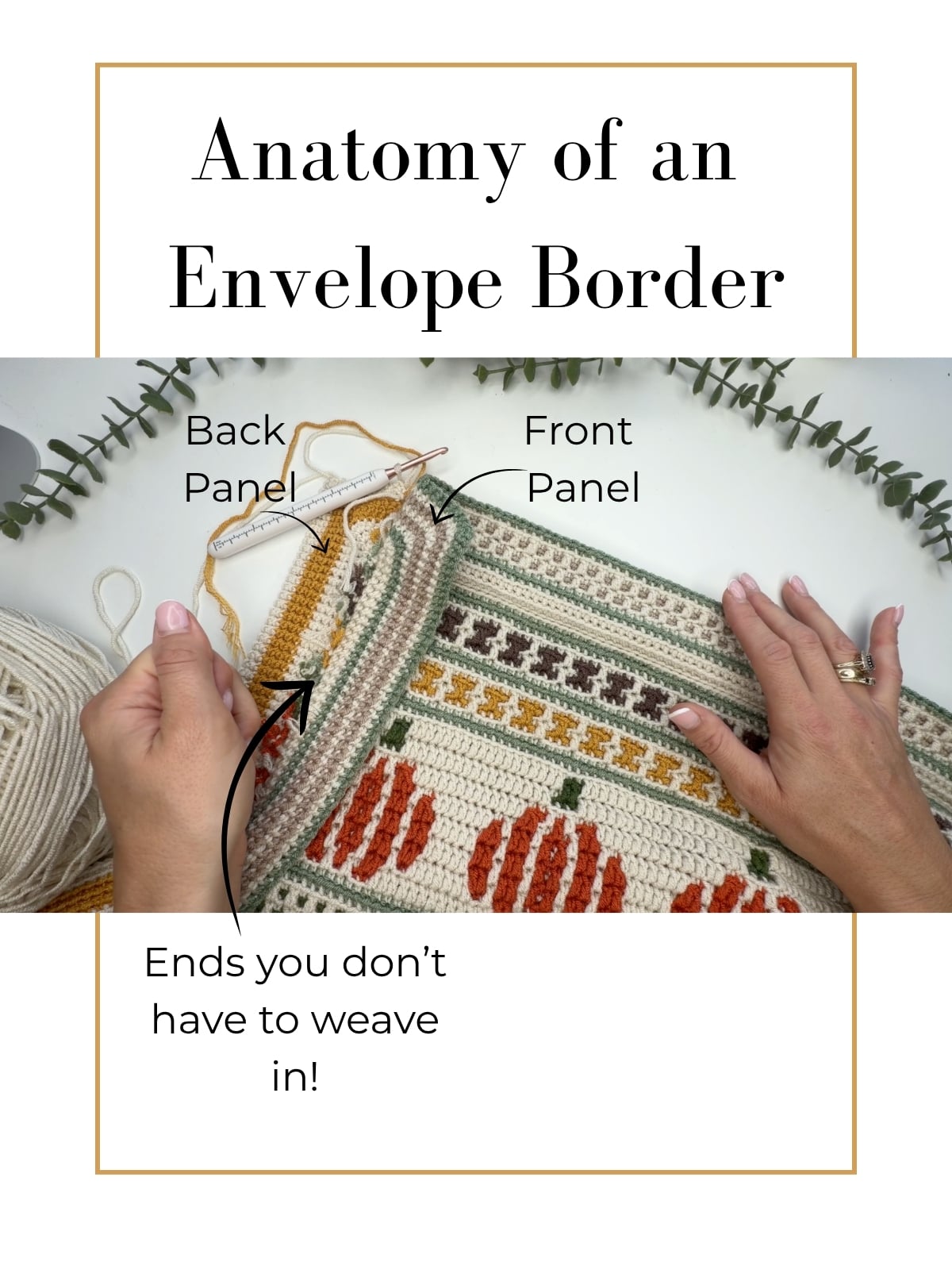 An instructional graphic for a crochet envelope border, labeling the front and back panels and noting the yarn ends that do not require weaving in.